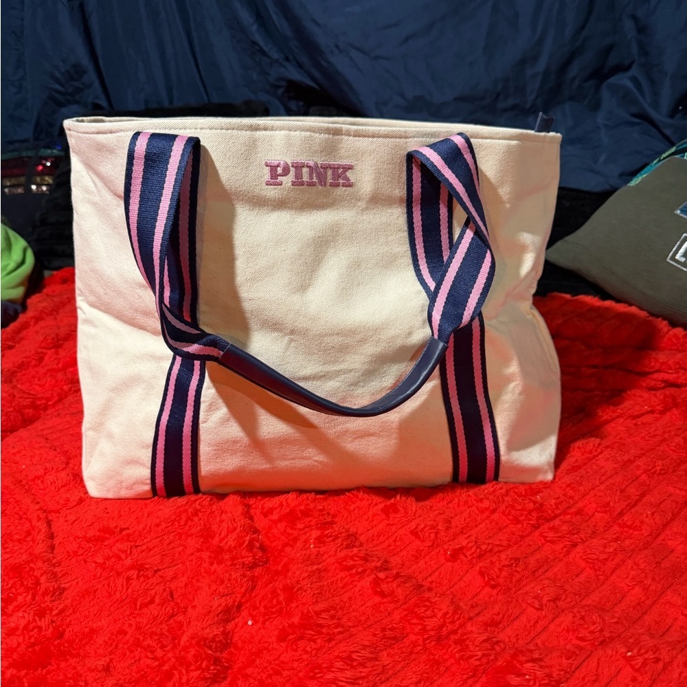 PINK Victoria's Secret Cream Canvas Tote with Navy and Pink Straps
